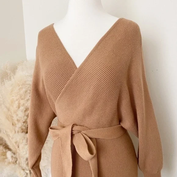 Cozy tan knit sweater midi dress with belt - Picture 13 of 13